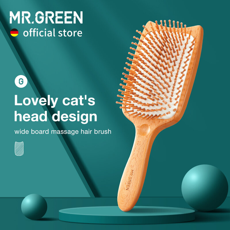 MR.GREEN-Wide Board Massagem Escova de cabelo para mulheres, faia natural, cabeça de gato Design pente, Gasbag escova de cabelo, cabelo seco e molhado Detangler