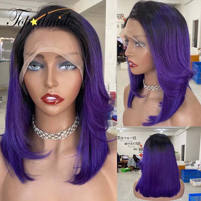 Topodmido Ombre Purple Color Short Hair Wig with Pre-Plucked Hairline Peruvian Hair Bob Lace Wigs with Dark Roots Glueless Wig