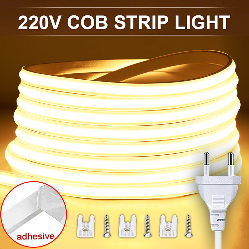 COB LED Strip Light para quarto, alto brilho, impermeável, fita flexível, fita para quarto, cozinha, ao ar livre, iluminação do jardim, 220V