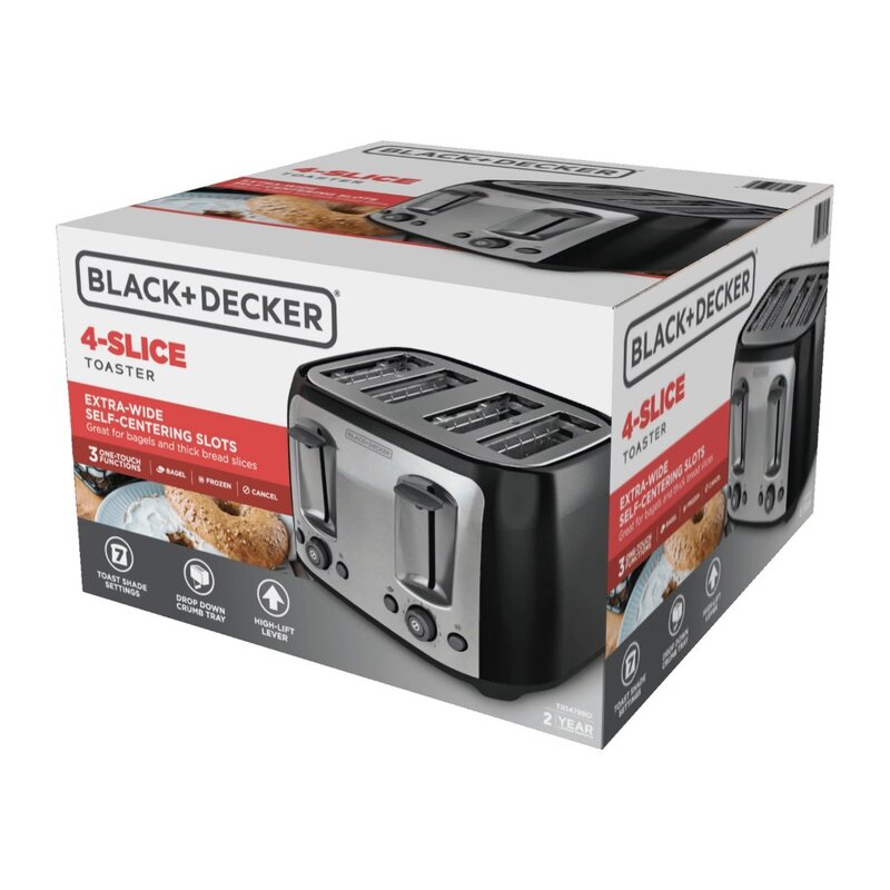 Тостер BLACK + DECKER на 4 ломтика с очень широкими прорезями, черный/серебристый, TR1478BD