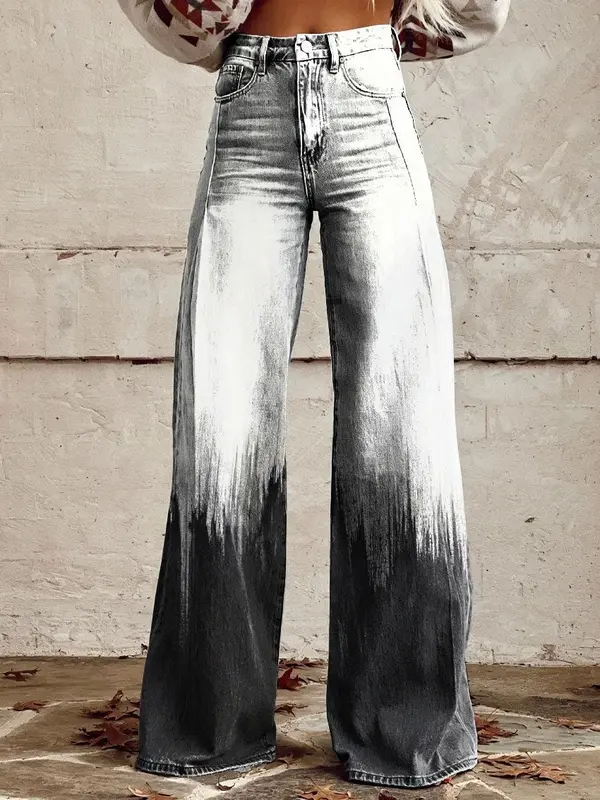Penjualan terlaris lintas batas 2024 jeans imitasi gambar cetak longgar baru celana longgar kaki lebar pinggang tinggi kasual serbaguna