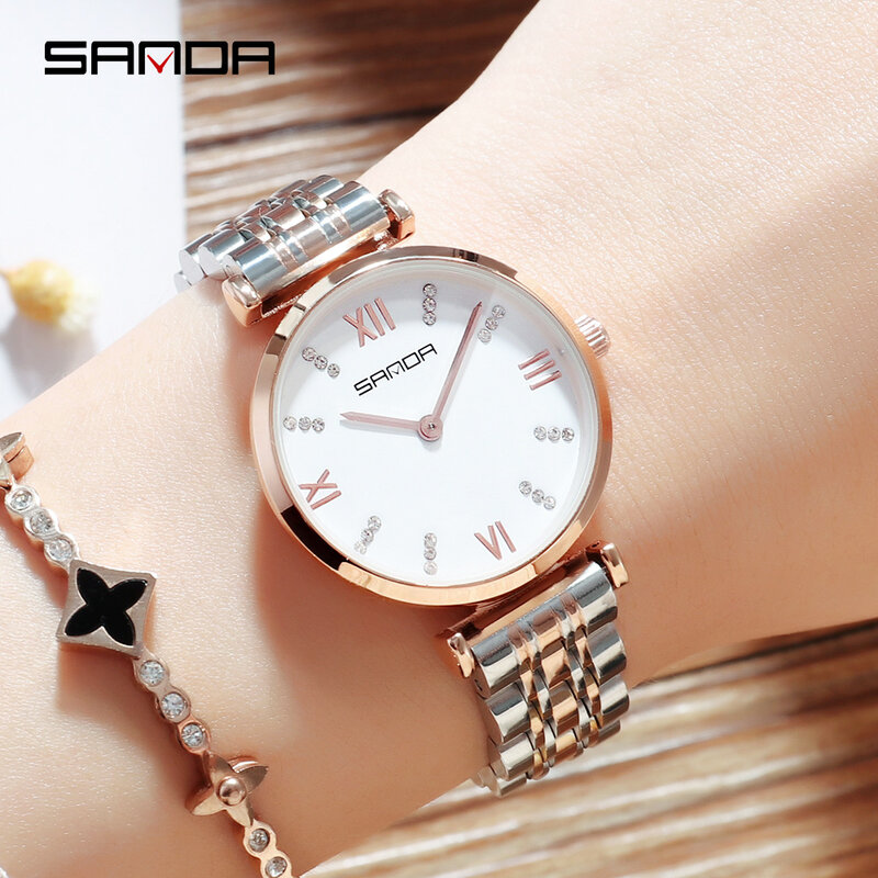 Relógio de pulso de quartzo feminino Sanda, estilo elegante e clássico, moda, feita de aço inoxidável, com mostrador redondo, caso em liga, p235