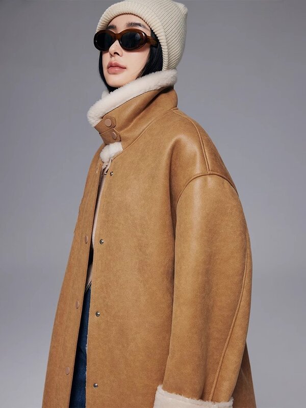 Женское однобортное пальто из натуральной овечьей шерсти, теплая длинная куртка из искусственной кожи с воротником-стойкой и овечьей шерстью, зимнее пальто