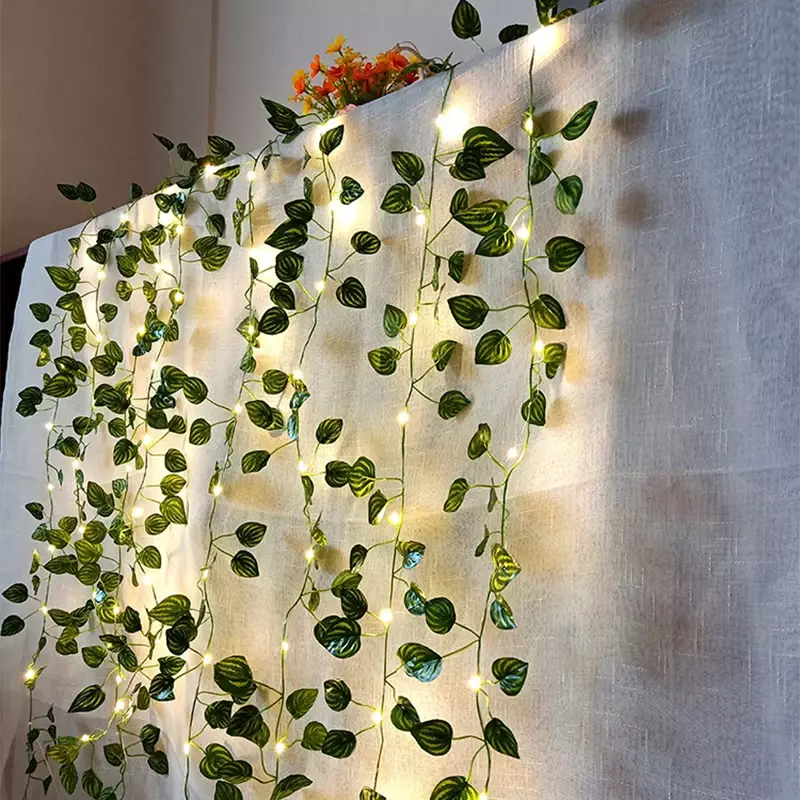 装飾的な緑の葉の花輪,防水,ツタの形をしたソーラーLEDライト,屋外用