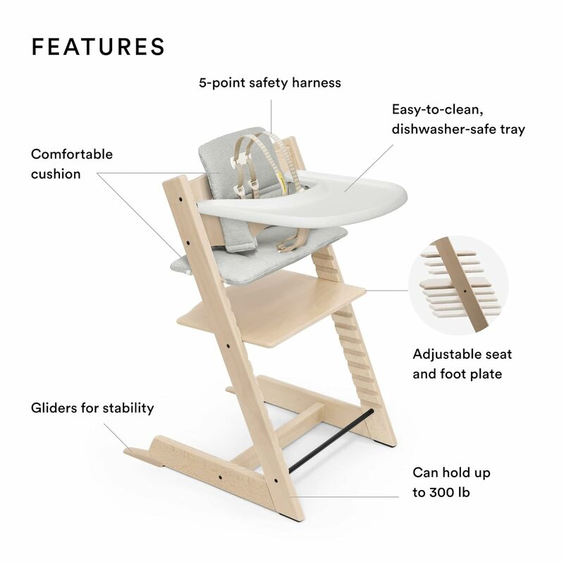 Kursi dan bantal tinggi dengan nampan Stokke alami dengan abu-abu Nordik dapat disesuaikan, kursi tinggi lengkap untuk bayi dan balita