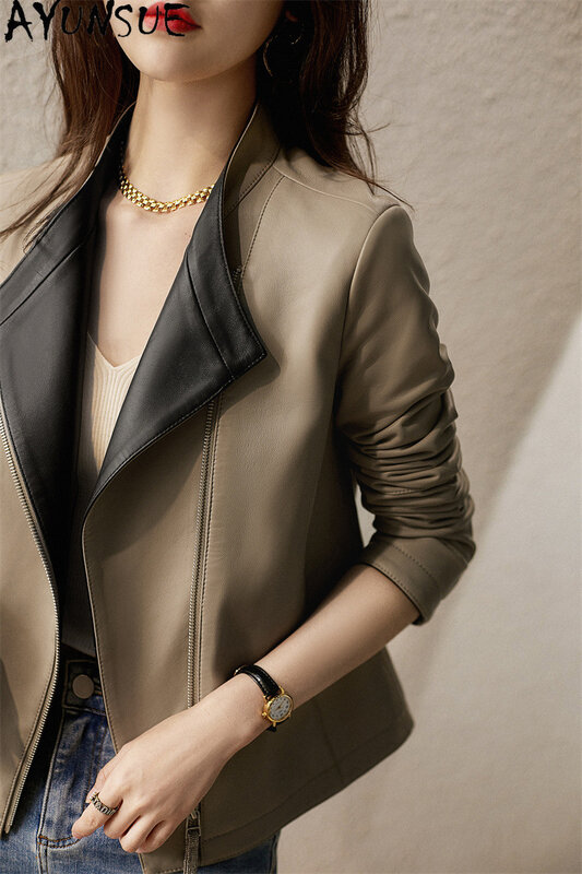 AYUNSUE-Jaqueta de pele de carneiro para mulheres, gola em pé, casaco fino, streetwear elegante, couro verdadeiro, 2023