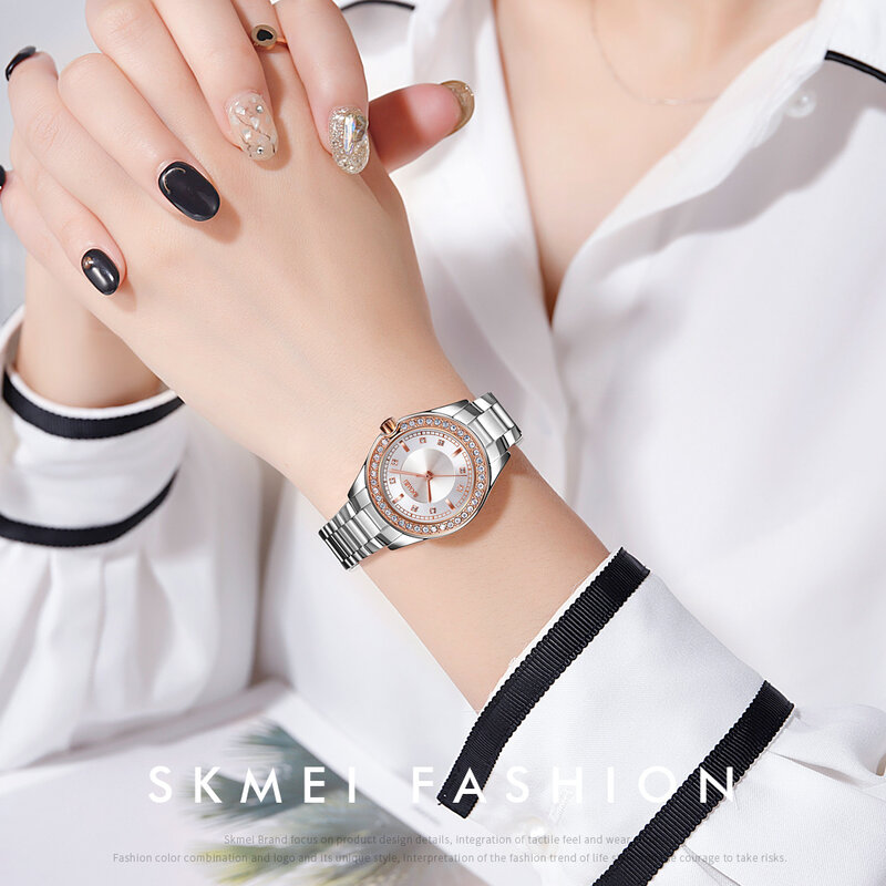 SKMEI-Montres-bracelets en diamant pour femme, montre à quartz innovante, montres étanches pour femme, bracelet en acier inoxydable, mode 1534