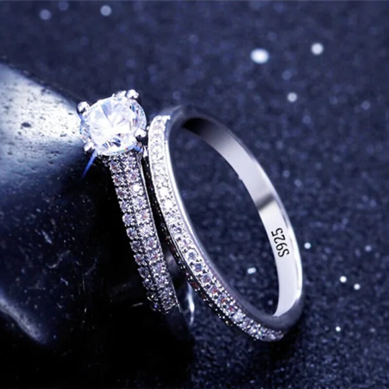 CC anillos para mujer, Color plateado, doble joyería apilable, conjuntos nupciales, anillo de compromiso de boda, accesorio CC634
