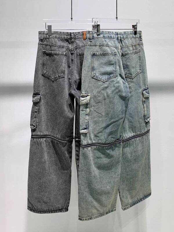 Модные весенние джинсовые брюки 2024, мужские джинсы с несколькими карманами, мужские прямые модные однотонные джинсовые брюки на молнии