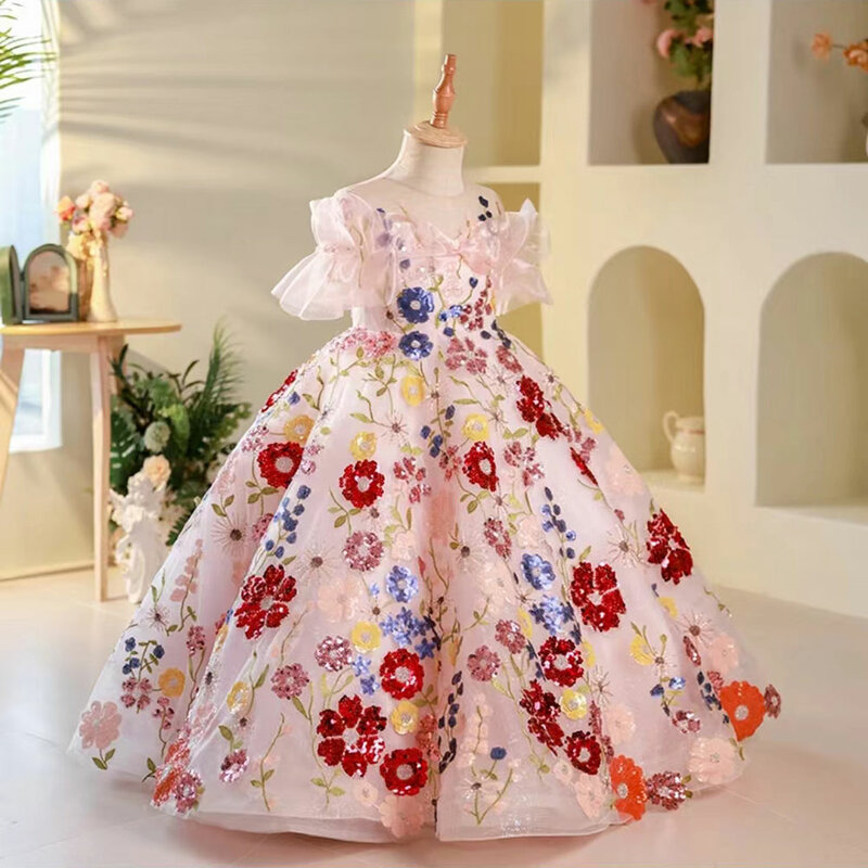 Jill Wish luksusowa arabska kwiecista sukienka dla dziewczynek z cekinami aplikacje dla dzieci księżniczki urodziny przyjęcie weselne suknia pierwsza komunia 2024 J236