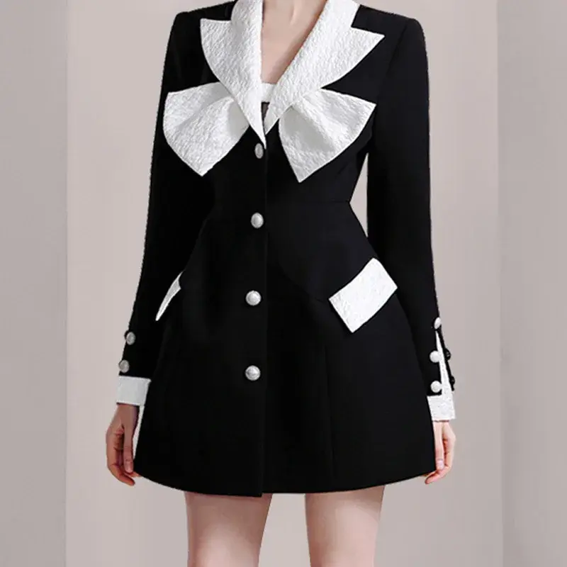 Setelan pakaian WANITA HITAM PUTIH 1 potong, Blazer jaket panjang rok Formal bisnis kantor modis mantel gadis gaun Prom
