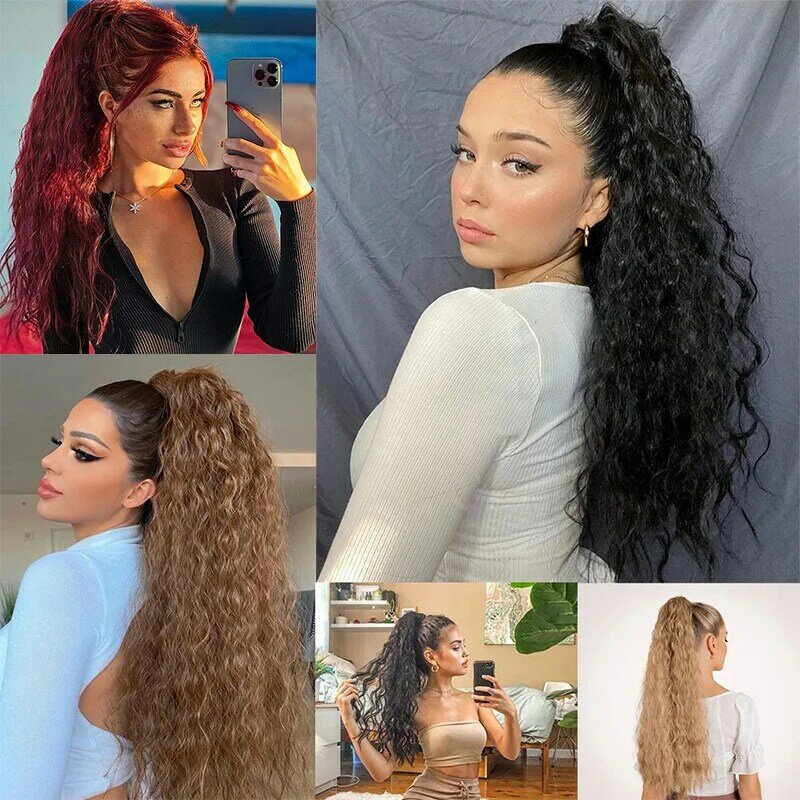 Long Curly Wavy Ponytail Hair Extension for Women Natural Synthetic Drawstring Ponytail Hairpieces Burgundy Blond Fake Pony Tail