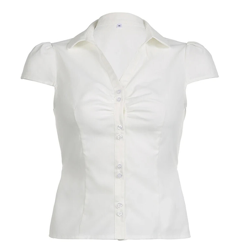Camiseta transpirable con botones, Top corto cómodo, solapa, manga corta, Color sólido, vacaciones, nuevo y elegante, Verano