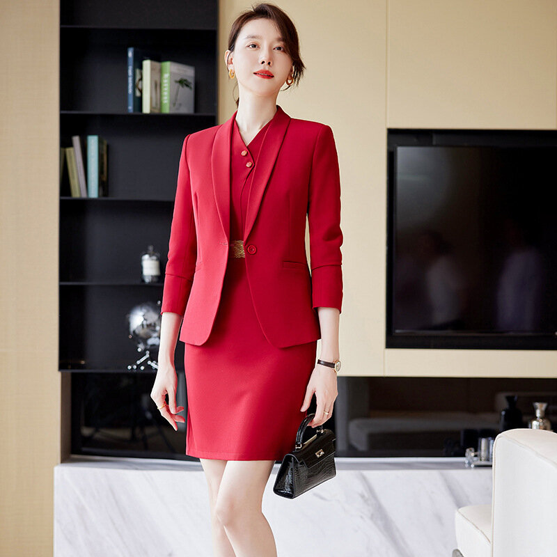 Vestido blazer vermelho de botão único para mulheres, mini trajes finos para senhoras, blazers elegantes, vermelho, nova moda, primavera, 2 peças, 2024