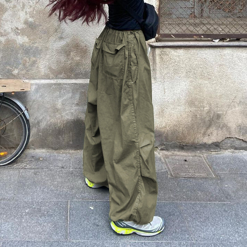 QWEEK Techwear celana olahraga wanita, celana kargo parasut Hip Hop longgar kasual pinggang rendah pakaian jalanan