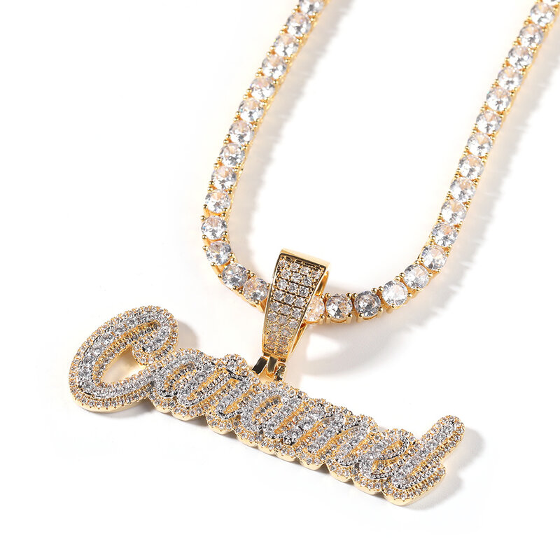UWIN Kustom 2 Lapisan Kursif Huruf Liontin Bulat CZ Batu Nama Kalung Personalisasi Mode HipHop Perhiasan untuk Hadiah