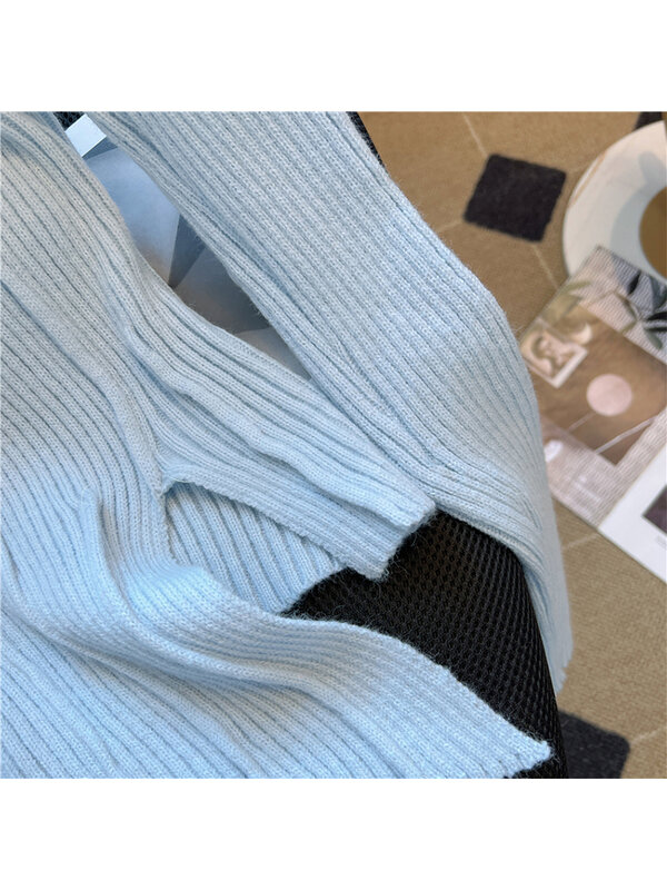 Suéter de punto azul para mujer, Jersey de manga larga con cuello cuadrado, moda coreana, Y2k, ropa Vintage, Otoño, 2023