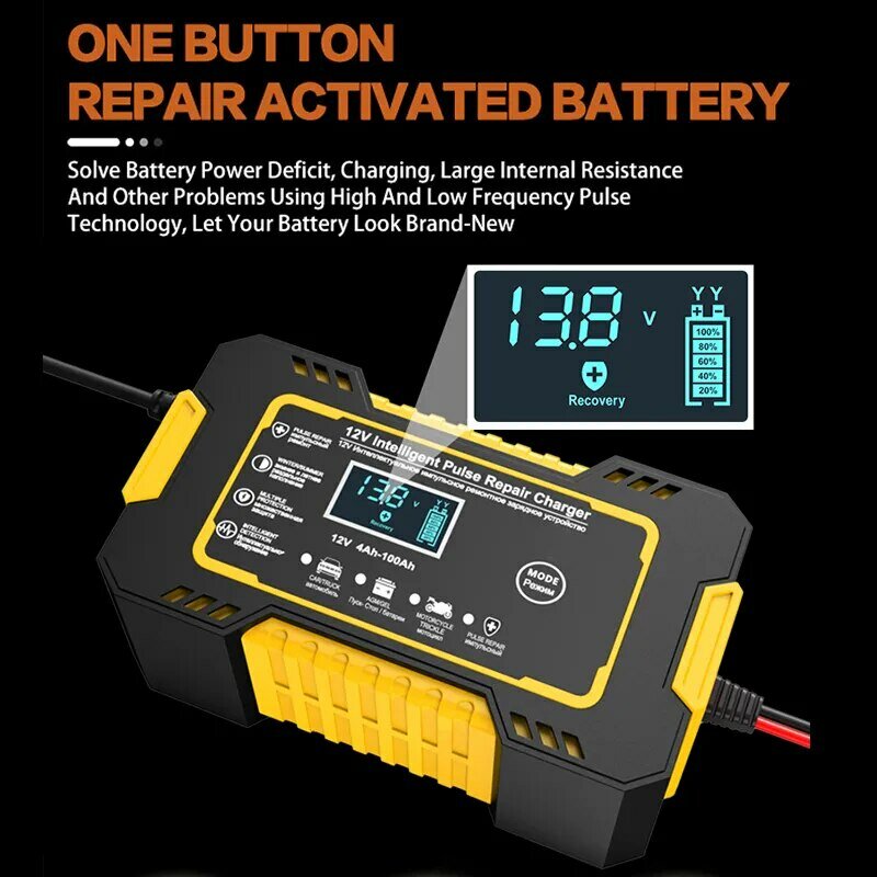 Chargeur de batterie de voiture entièrement automatique SnapFull, chargeurs de réparation d'impulsions de puissance, support, chargeurs de batterie au plomb sec, écran LCD numérique, 12V