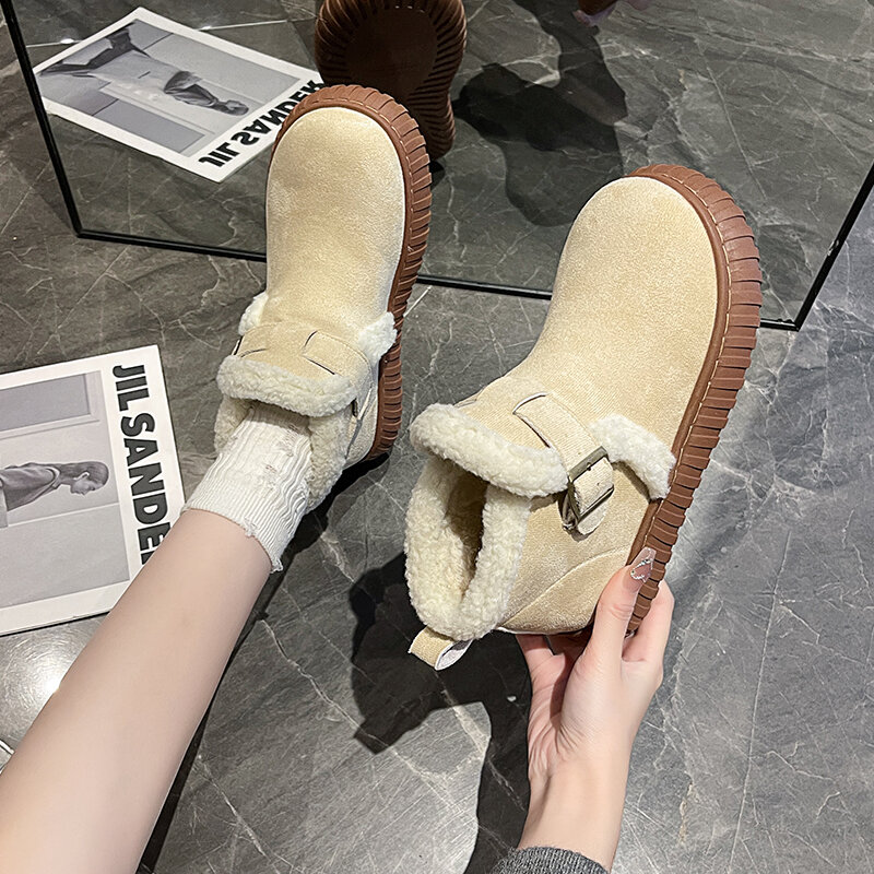 حذاء نسائي من الصوف أحادي اللون بأصابع مستديرة ، أحذية للسيدات ، برميل قصير ، أحذية ثلوج بكعب منخفض ، كم ، موضة ، شتاء ، 2023