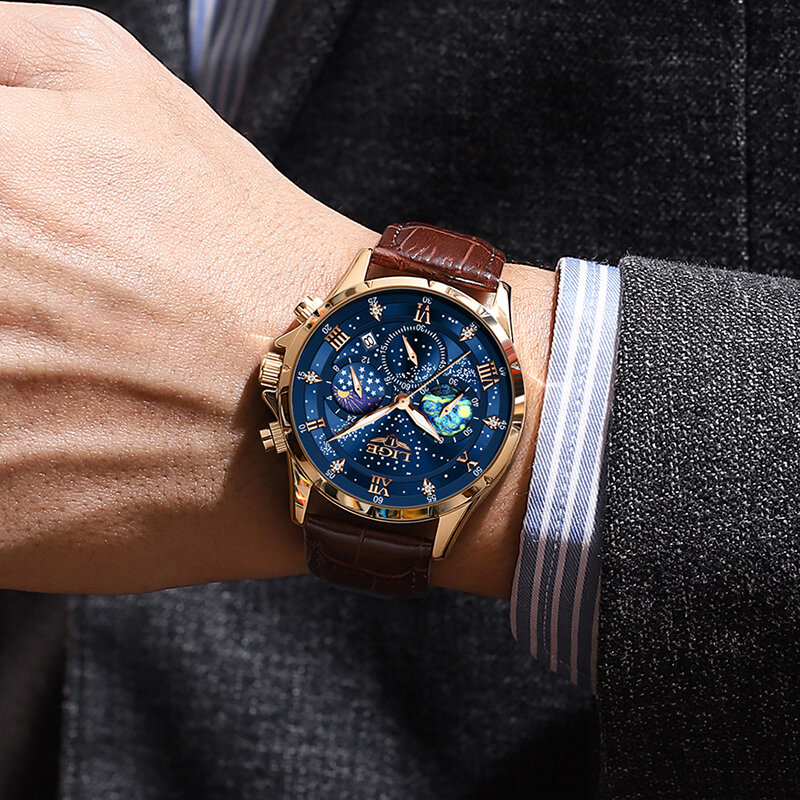 LIGE jam tangan Quartz pria, desain Dial kepingan salju, jam tangan bisnis tali kulit, jam tangan kronograf untuk pria, 3C bohlam Lume 2023