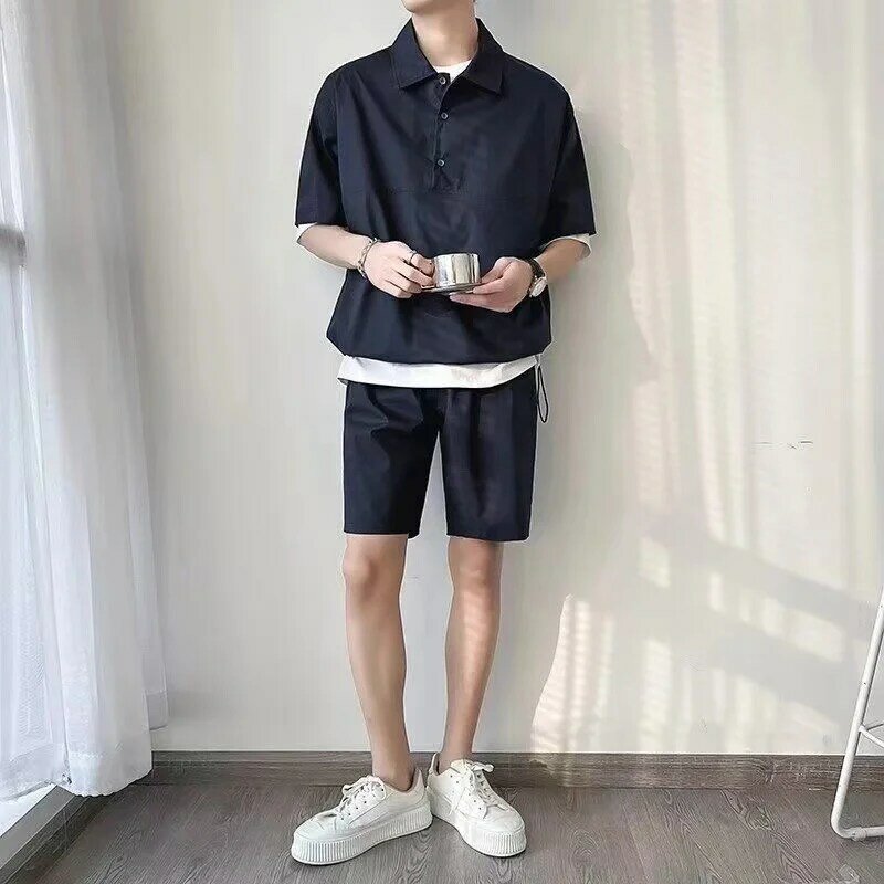 Polo de verano para hombre, conjunto de dos piezas, jersey con botones, chándal deportivo informal de manga corta y pantalones cortos a la moda, 2