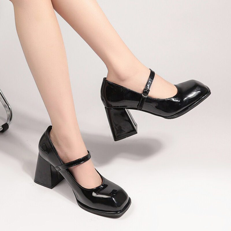 Sepatu hak tinggi Platform wanita, Kasut Pump Mary Jane gesper Non-Slip kasual Hak sedang kantor