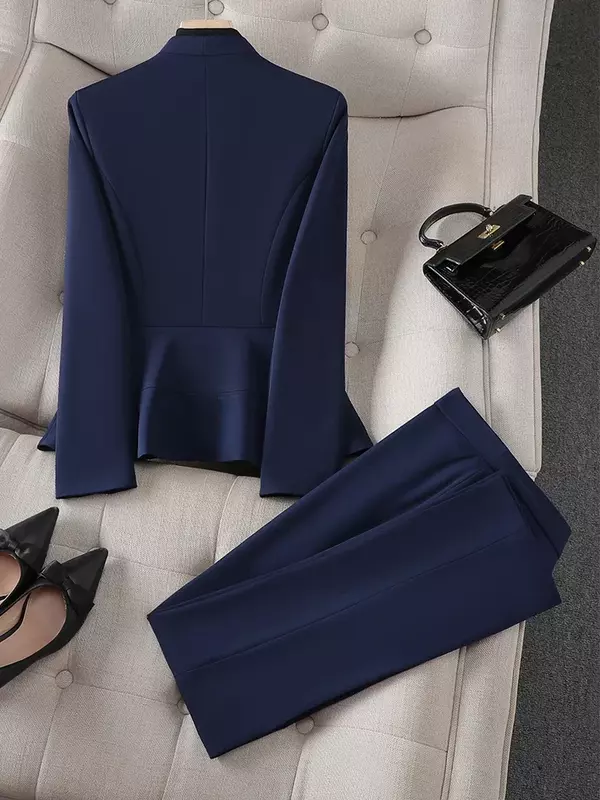 Moda donna pantalone Patchwork stampa bianco blu ufficio donna scollo a v giacca sottile Blazer e pantaloni donna formale 2 pezzi Set