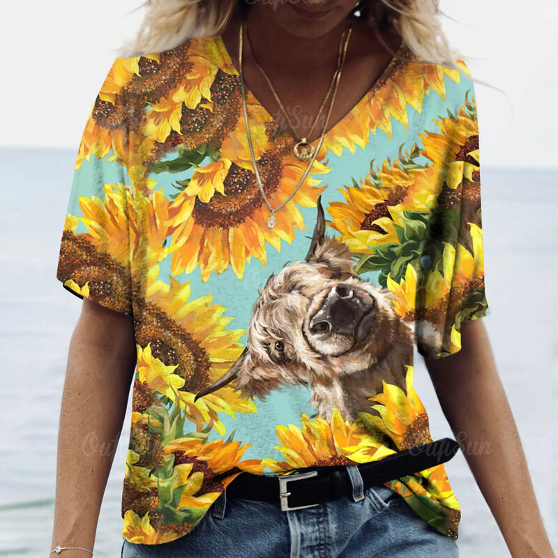 เสื้อยืดสตรีทแวร์คอวีแขนสั้นสำหรับผู้หญิงเสื้อฤดูร้อนแฟชั่นพิมพ์ลายกราฟิกวัวนม3D