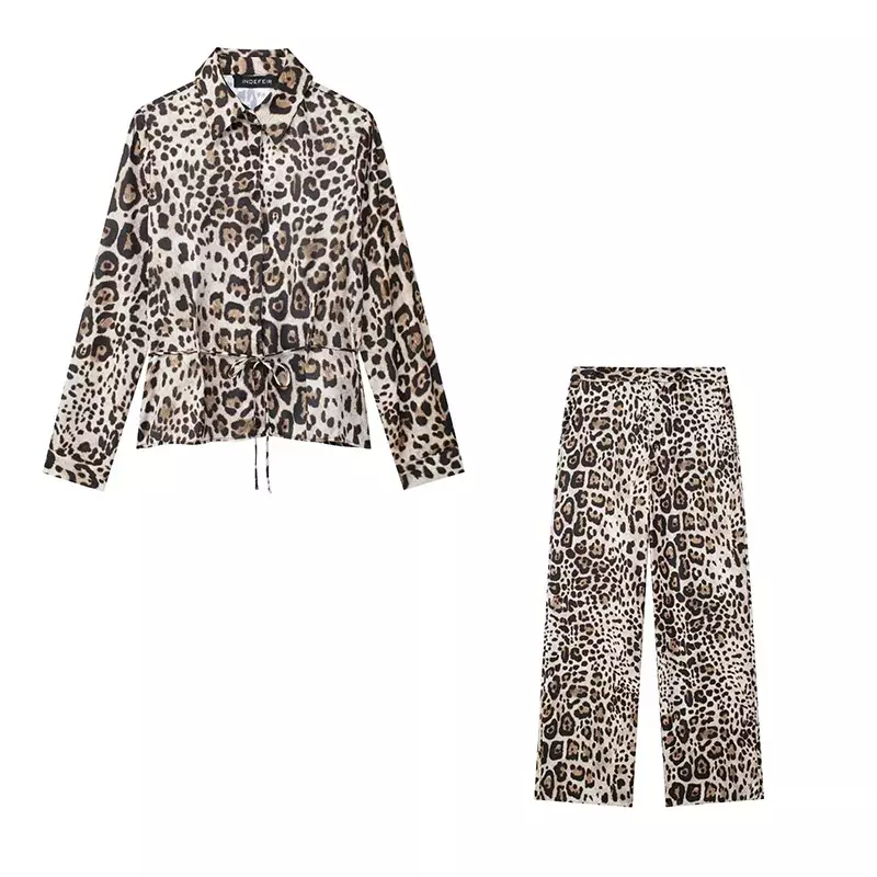 ASDS-Conjunto feminino de camisa e calça de manga comprida, blusa sexy, blusa elegante, estampa de leopardo, 2022