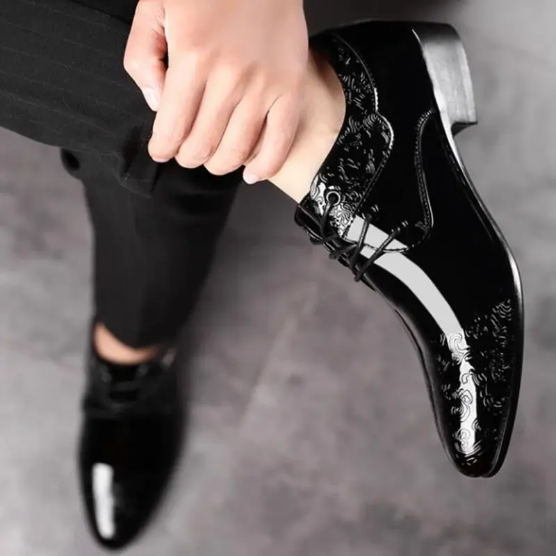男性用合成皮革レースアップシューズ,オフィスや結婚式用のフォーマルな靴,黒,2024