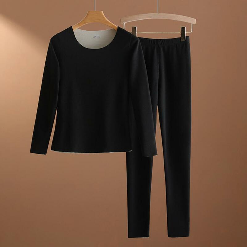 Conjunto de ropa interior térmica para mujer, Top de cuello redondo, pantalones de cintura elástica, pijamas para el hogar, conjunto térmico elástico