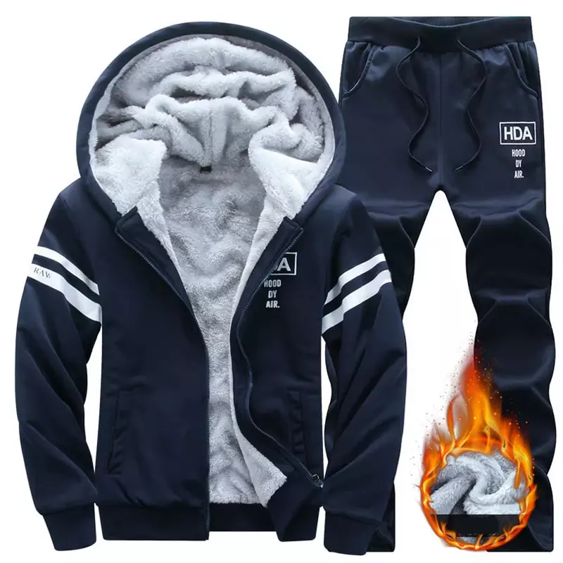 2024 Men's Two-piece Sportswear Jacket Sportswear Wool Thickened Hooded Sweatshirt And Warm Pants Casual Winter Running Set