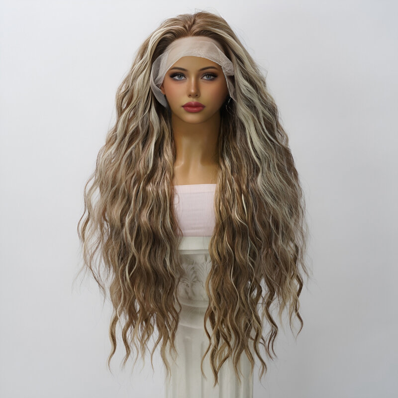 Renda Wig wanita emas Spot dicelup rambut palsu keriting gelombang air serat sintetis Wig Cos pesta wanita Lolita
