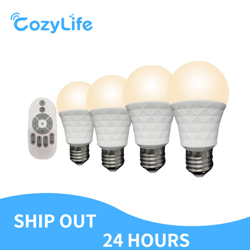 CozyLife-Paquete de 4 bombillas LED regulables con control remoto, 7 W, E27, luz nocturna blanca cálida, luces blancas frías, compatible con temporizador de aplicación Alexa