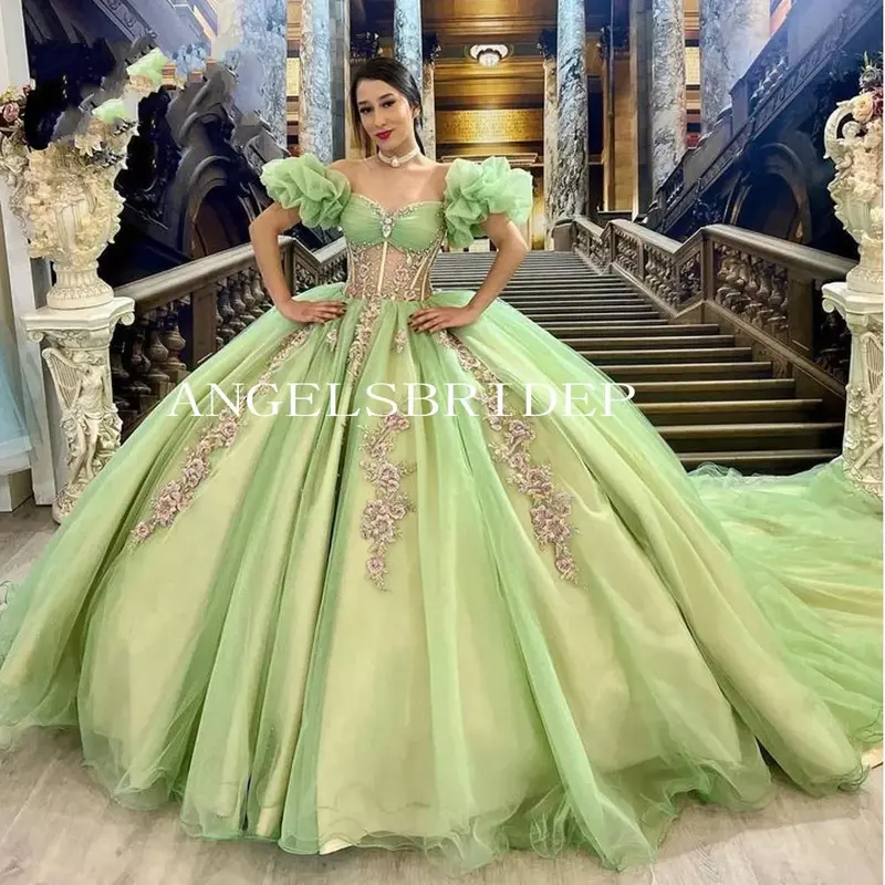 Sage Green Champagne Princess Quinceanera Dresses Crystals Beading Appliques Puffy Sleeves Formal Birthday Party Prom Gowns