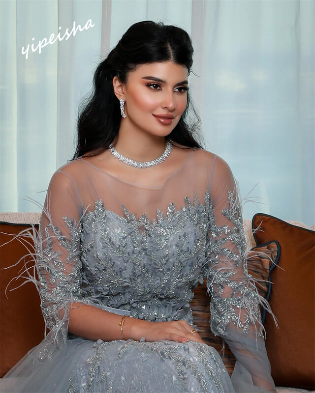 Yipeisha-vestido de graduación de línea a, exquisita joya, vestidos largos hasta el suelo, plumas de lentejuelas, tul personalizado, Arabia Saudita