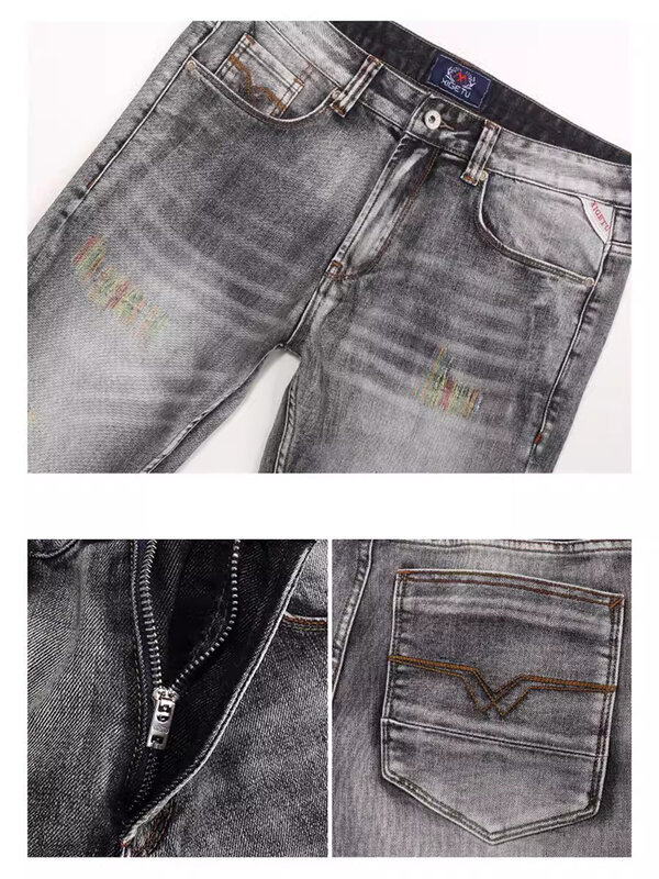 Pantalones vaqueros rasgados para Hombre, Jeans de diseñador de moda, alta calidad, Retro, negro, gris, elásticos, ajustados, bordados, Vintage