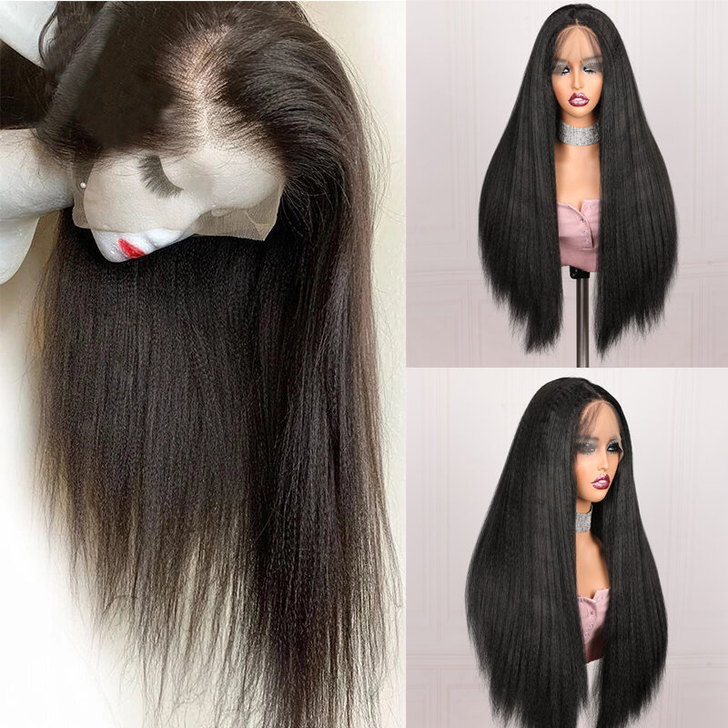 Glueless 180Density Soft Yaki Long 26“ Kinky Straight Lace Front Wig For Women BabyHair Black Preplucked Heat Resistant Daily