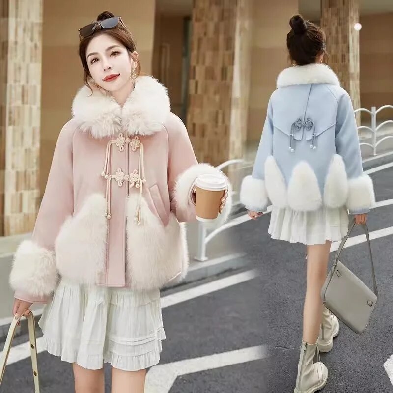 여성용 짧은 중국 스타일 버클 디자인 센스 다운 재킷, 여우 모피 코트, 가벼운 럭셔리 루즈 재킷, 모피 코트, 2024 겨울 신상
