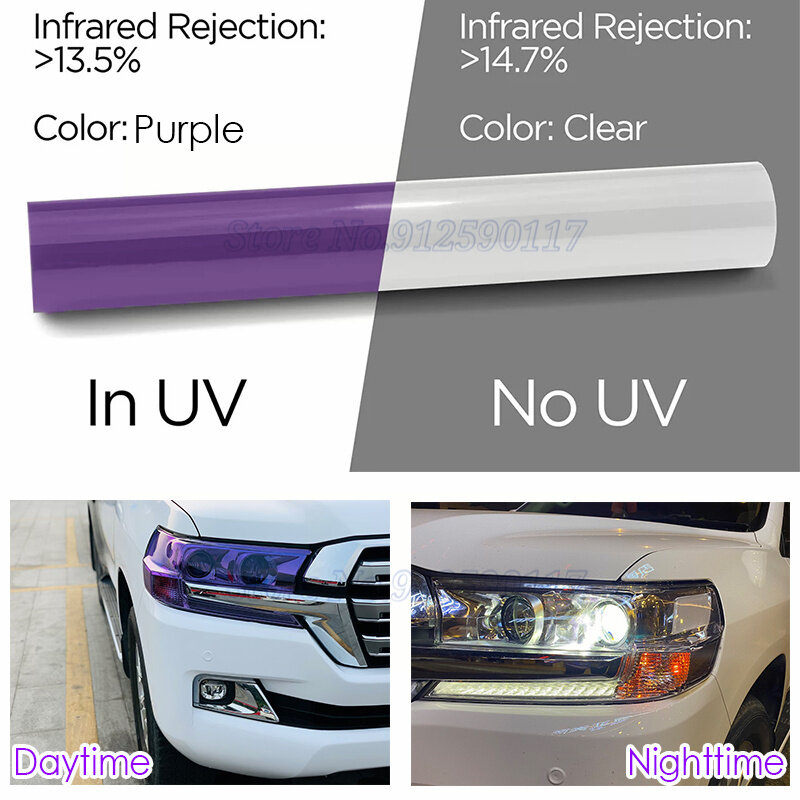 TPU Photochromism Lamp Film for Car Headlight Taillight Fog Lights Light Control UV Decals Sticker Transparent to Black/Purple