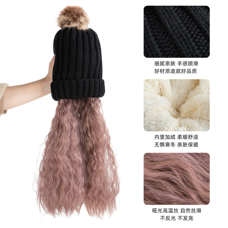 97cm Warm Soft Ski Knitted Winter Cap Wig with Synthetic Long Wavy Hair Extensions Adjustable Hat Wig Heat-resisting Fiber