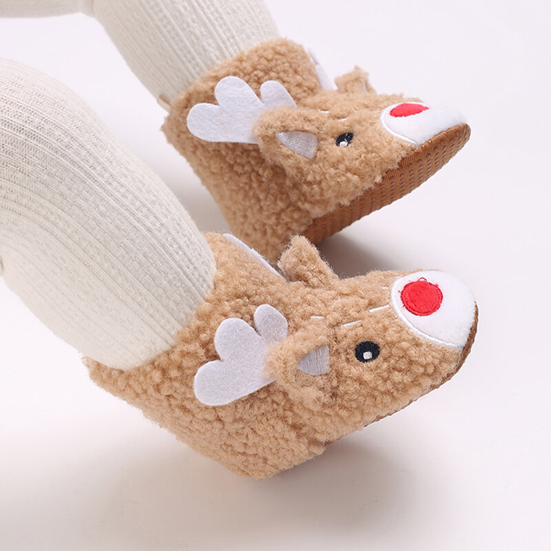 Детские Рождественские ботинки, зимняя нескользящая обувь на мягкой подошве с мультяшным оленем для первых шагов, ботинки для младенцев для мальчиков и девочек