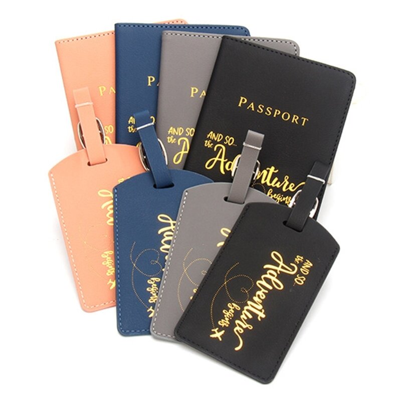 Couverture de passeport et étiquette de bagage en cuir PU, lettre estampée à chaud, unisexe, porte-passeport de voyage, portefeuille avec étiquette de valise, ensemble de 2 pièces