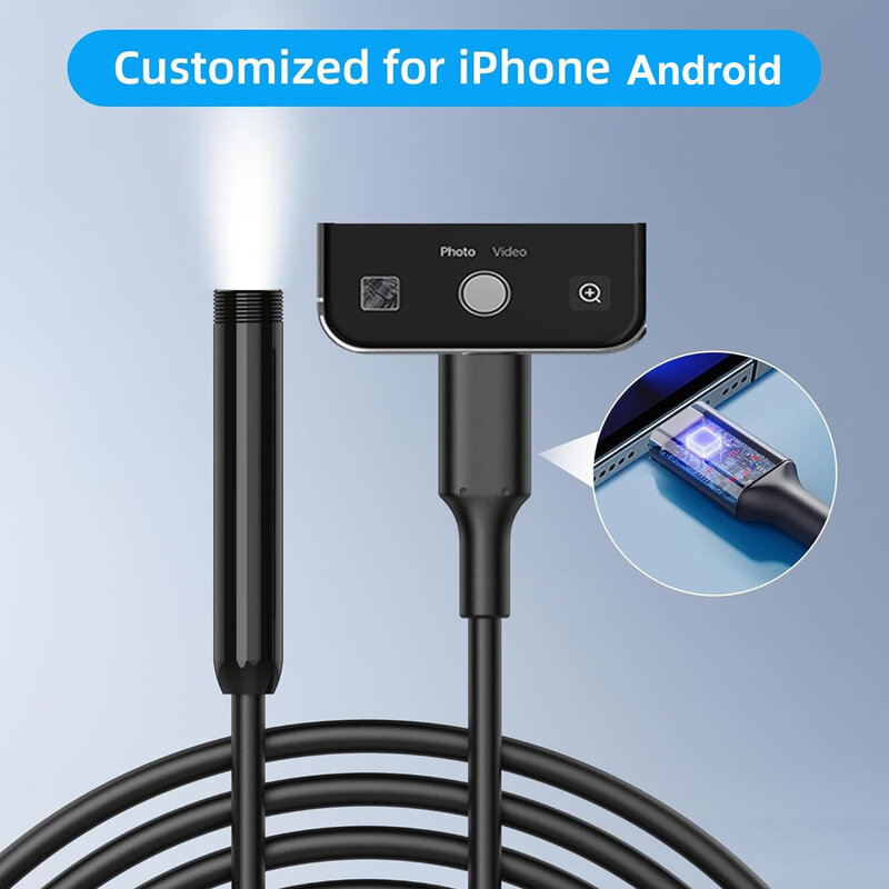 Câmera industrial do endoscópio, inspeção impermeável, endoscópio de esgoto, câmera para verificar o carro, sistema iOS do iPhone, HD 960P