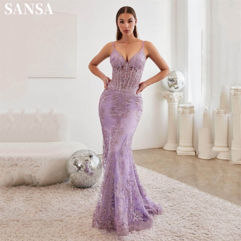 Sansa Sexy Sequins Lace  فساتين السهرة Embroidery Fishtail Vestidos De Noche Romantic Spaghetti Strap Mermaid Prom Dresses