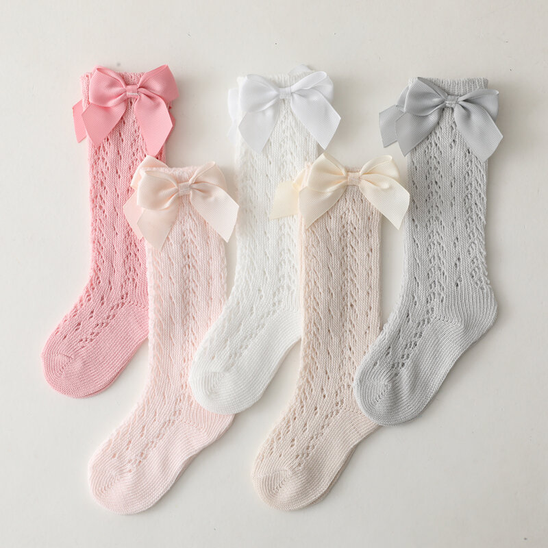 Summer Baby Infant Knee High Long Sock 100% Cotton Mesh Breathable Girls Princess Bow Socks Anti-Mosquito Socks for 0-5 Years