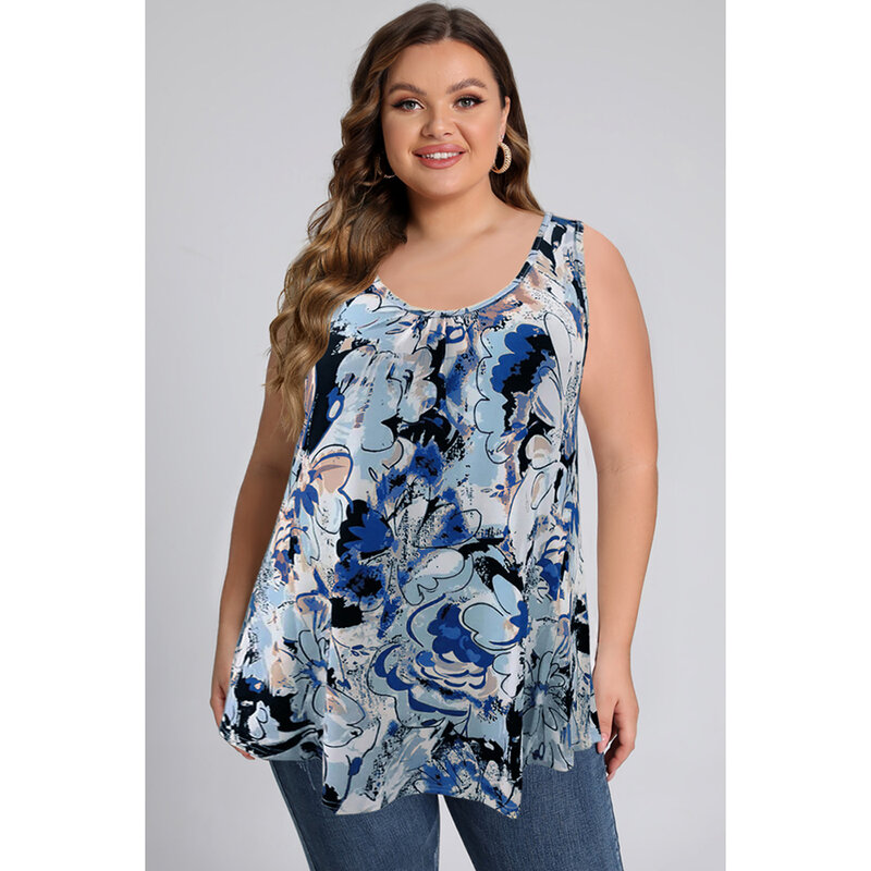 Plus Size Casual Floral Print Round Neck Casual Tank Top