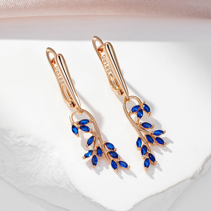 SYOUJYO orecchini pendenti a forma di foglia di zircone naturale blu per le donne orecchini lunghi Color oro rosa 585 regalo per feste