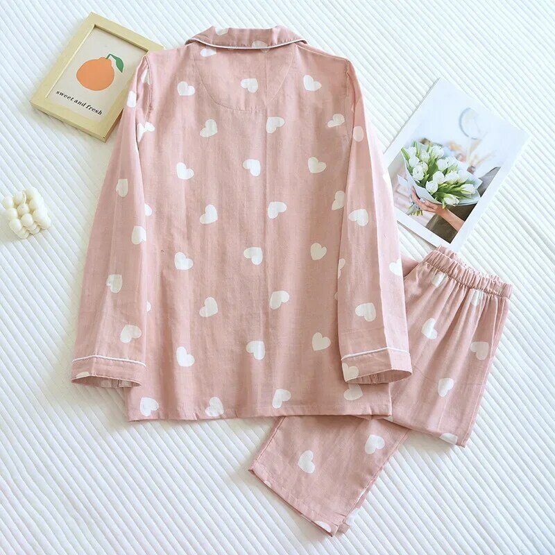 VIP 2024 New Spring and Autumn Pajama Set Women's 100% Cotton Long Sleeve Pants Two Piece Love Lovely Sweet Home Furnishing Set