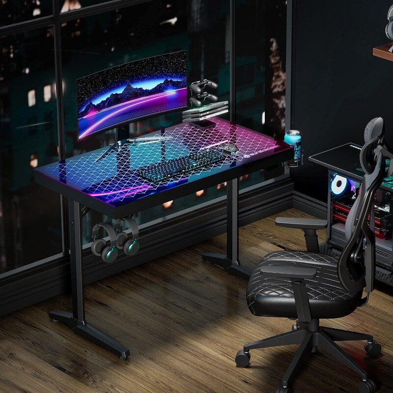 Ereka Ergonomic RGB LED Gaming Desk, Music Diplilights Up, Guatemala Glass Desk, 43 ", GTG I43 Home Office Desks